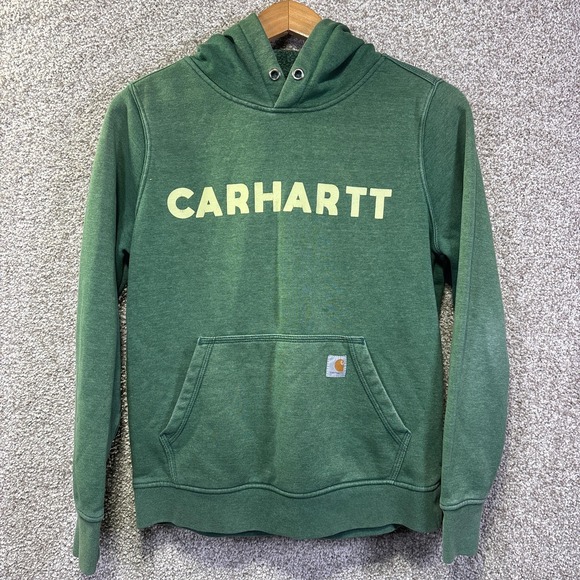 Carhartt Tops - Carhartt Hoodie Womens Small 4-6 Green Relaxed Fit Pullover Logo Graphic Fleece